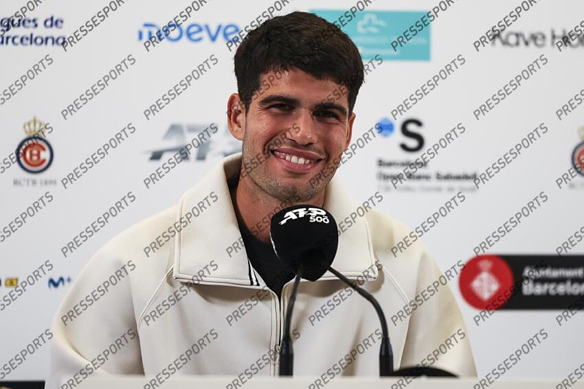 Carlos Alcaraz of Spain attends his press conference during the of the Barcelona Open Banc Sabadell - Conde Godo 2025 Day 1 at Real Club De Tenis Barcelona on April 14, 2025 in Barcelona, Spain. OPEN DE BARCELONE 