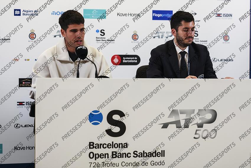Carlos Alcaraz of Spain attends his press conference during the of the Barcelona Open Banc Sabadell - Conde Godo 2025 Day 1 at Real Club De Tenis Barcelona on April 14, 2025 in Barcelona, Spain. OPEN DE BARCELONE 
