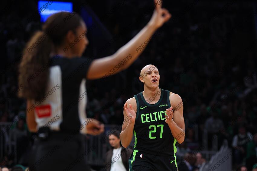 Apr 13, 2025; Boston, Massachusetts, USA; Boston Celtics forward Jordan Walsh (27) reacts to a foul call during the second half against the Charlotte Hornets at TD Garden. Mandatory Credit: Paul Rutherford-Imagn Images NBA: Charlotte Hornets at Boston Celtics 