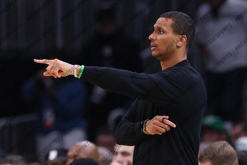 Apr 13, 2025; Boston, Massachusetts, USA; Boston Celtics head coach Joe Mazzulla reacts during the first half against the Charlotte Hornets at TD Garden. Mandatory Credit: Paul Rutherford-Imagn Images NBA: Charlotte Hornets at Boston Celtics 