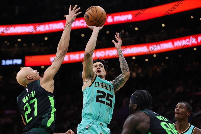 Apr 13, 2025; Boston, Massachusetts, USA; Charlotte Hornets guard KJ Simpson (25) shoots during the second half against the Boston Celtics at TD Garden. Mandatory Credit: Paul Rutherford-Imagn Images NBA: Charlotte Hornets at Boston Celtics 