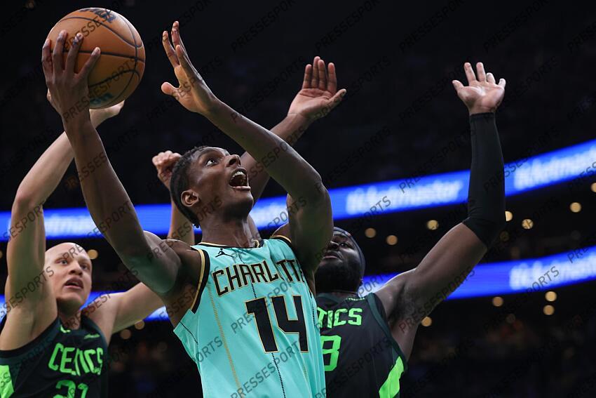 Apr 13, 2025; Boston, Massachusetts, USA; Charlotte Hornets forward Moussa Diabate (14) shoots during the second half against the Boston Celtics at TD Garden. Mandatory Credit: Paul Rutherford-Imagn Images NBA: Charlotte Hornets at Boston Celtics 