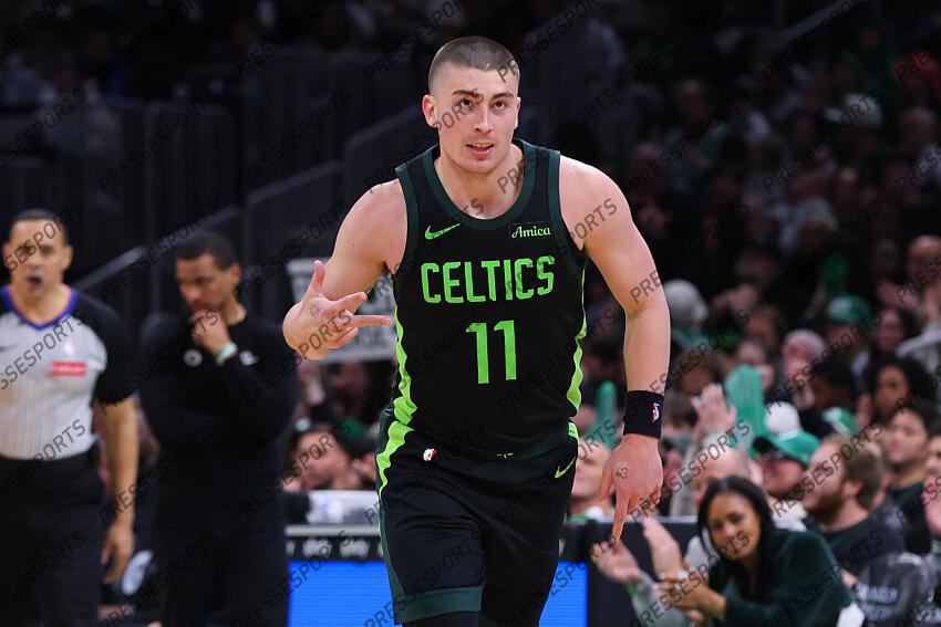 Apr 13, 2025; Boston, Massachusetts, USA; Boston Celtics guard Payton Pritchard (11) reacts after making a there pointer during the second half against the Charlotte Hornets at TD Garden. Mandatory Credit: Paul Rutherford-Imagn Images NBA: Charlotte Hornets at Boston Celtics 