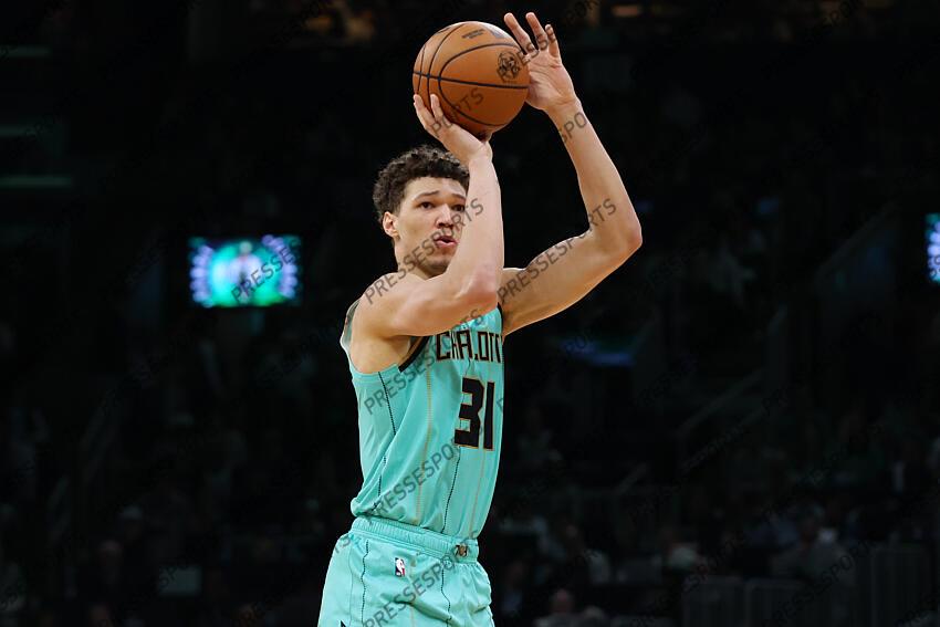Apr 13, 2025; Boston, Massachusetts, USA; Charlotte Hornets forward Tidjane Salaun (31) shoots during the second half against the Boston Celtics at TD Garden. Mandatory Credit: Paul Rutherford-Imagn Images NBA: Charlotte Hornets at Boston Celtics 