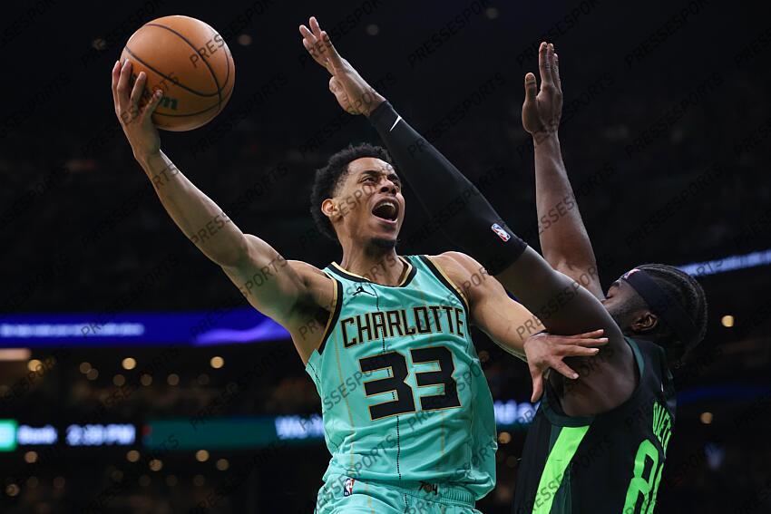 Apr 13, 2025; Boston, Massachusetts, USA; Charlotte Hornets guard Jaylen Sims (33) shoots during the second half against the Boston Celtics at TD Garden. Mandatory Credit: Paul Rutherford-Imagn Images NBA: Charlotte Hornets at Boston Celtics 