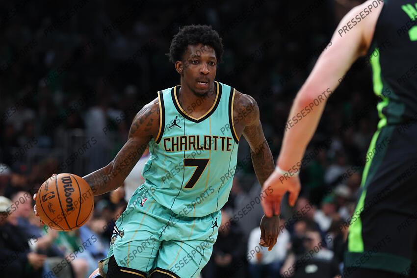 Apr 13, 2025; Boston, Massachusetts, USA; Charlotte Hornets guard Damion Baugh (7) dribbles down the court during the second half against the Boston Celtics at TD Garden. Mandatory Credit: Paul Rutherford-Imagn Images NBA: Charlotte Hornets at Boston Celtics 