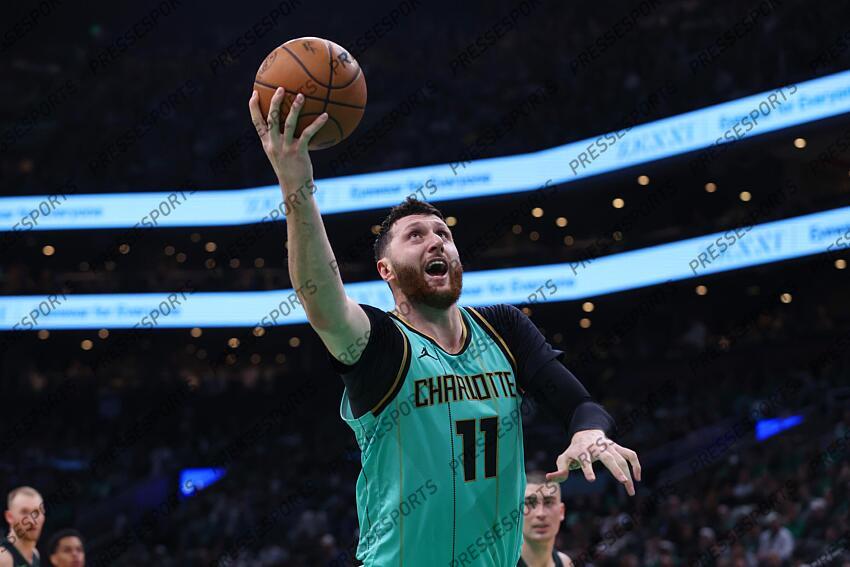 Apr 13, 2025; Boston, Massachusetts, USA; Charlotte Hornets center Jusuf Nurkic (11) shoots during the second half against the Boston Celtics at TD Garden. Mandatory Credit: Paul Rutherford-Imagn Images NBA: Charlotte Hornets at Boston Celtics 