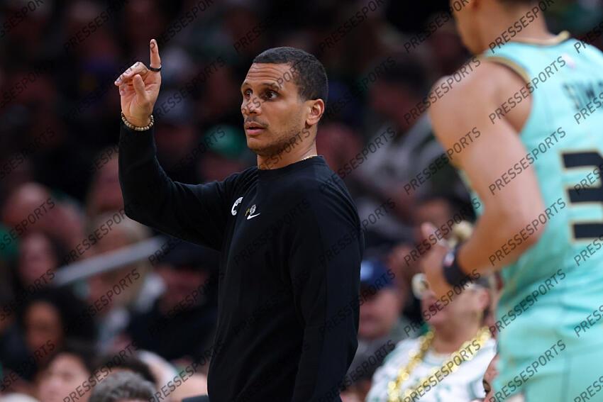 Apr 13, 2025; Boston, Massachusetts, USA; Boston Celtics head coach Joe Mazzulla reacts during the first half against the Charlotte Hornets at TD Garden. Mandatory Credit: Paul Rutherford-Imagn Images NBA: Charlotte Hornets at Boston Celtics 