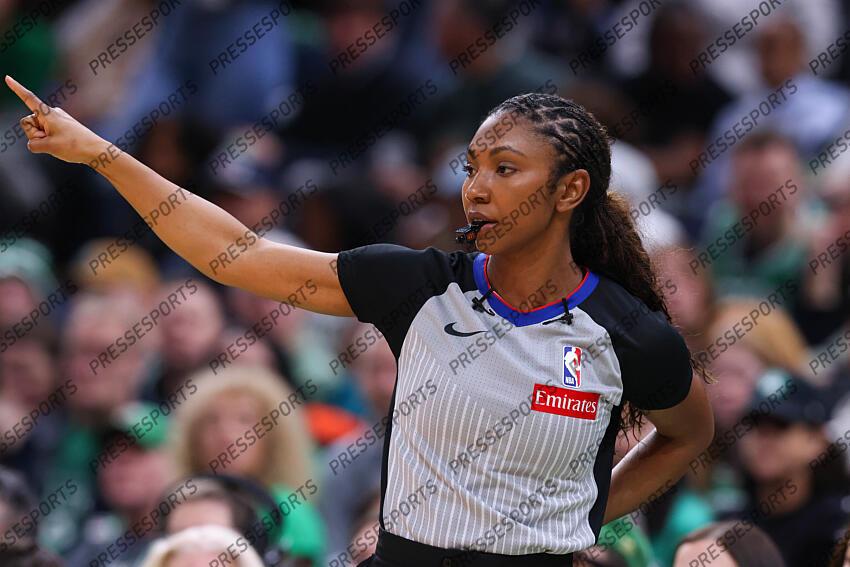 Apr 13, 2025; Boston, Massachusetts, USA; Referee Danielle Scott (#87) during a game between the Charlotte Hornets and the Boston Celtics at TD Garden. Mandatory Credit: Paul Rutherford-Imagn Images NBA: Charlotte Hornets at Boston Celtics 