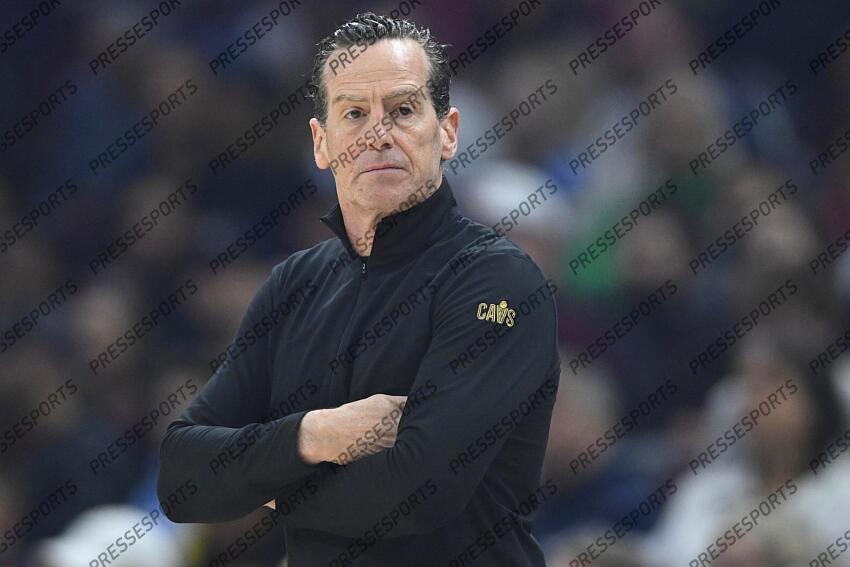 Apr 13, 2025; Cleveland, Ohio, USA; Cleveland Cavaliers head coach Kenny Atkinson stands on the court in the first quarter against the Indiana Pacers at Rocket Arena. Mandatory Credit: David Richard-Imagn Images NBA: Indiana Pacers at Cleveland Cavaliers 