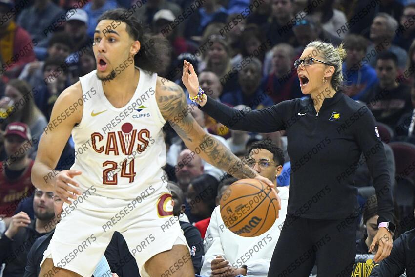 Apr 13, 2025; Cleveland, Ohio, USA; Indiana Pacers assistant coach Jenny Boucek reacts as Cleveland Cavaliers forward Jaylon Tyson (24) dribbles the ball in the first quarter at Rocket Arena. Mandatory Credit: David Richard-Imagn Images NBA: Indiana Pacers at Cleveland Cavaliers 