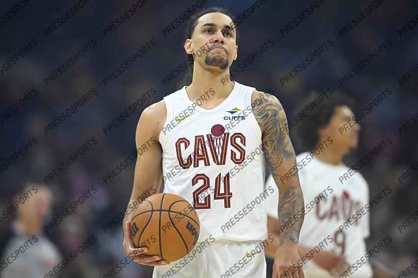 Apr 13, 2025; Cleveland, Ohio, USA; Cleveland Cavaliers forward Jaylon Tyson (24) stands on the court in the first quarter against the Indiana Pacers at Rocket Arena. Mandatory Credit: David Richard-Imagn Images NBA: Indiana Pacers at Cleveland Cavaliers 