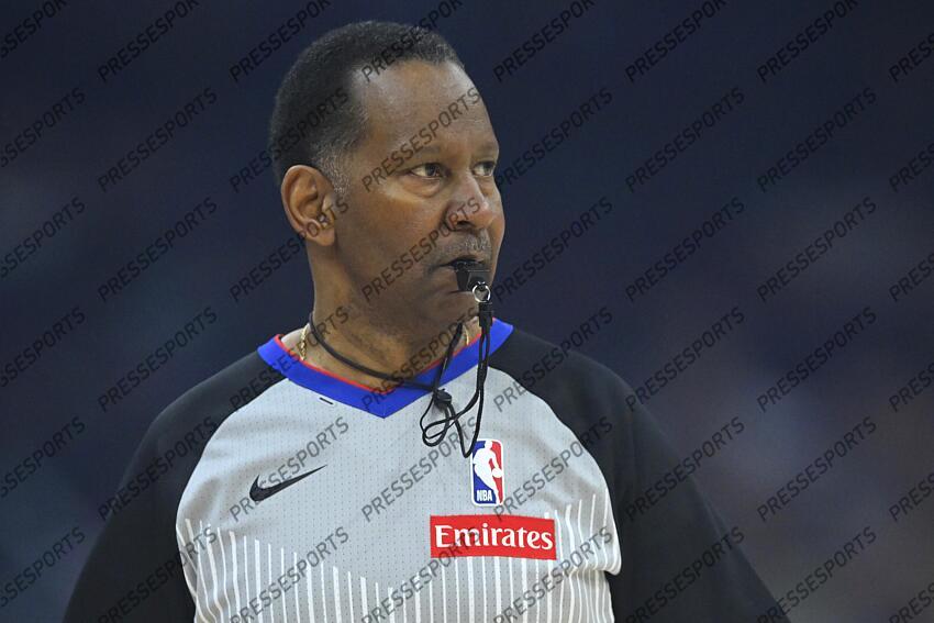Apr 13, 2025; Cleveland, Ohio, USA; NBA referee James Capers (19) stands on the court in the first quarter of a game between the Cleveland Cavaliers and the Indiana Pacers at Rocket Arena. Mandatory Credit: David Richard-Imagn Images NBA: Indiana Pacers at Cleveland Cavaliers 