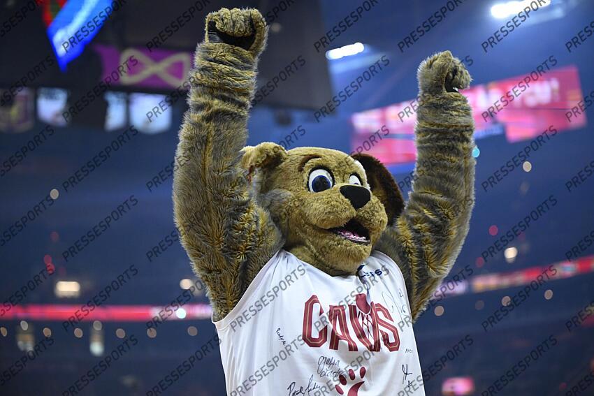 Apr 13, 2025; Cleveland, Ohio, USA; Cleveland Cavaliers mascot Moondog interacts with fans before a game against the Indiana Pacers at Rocket Arena. Mandatory Credit: David Richard-Imagn Images NBA: Indiana Pacers at Cleveland Cavaliers 