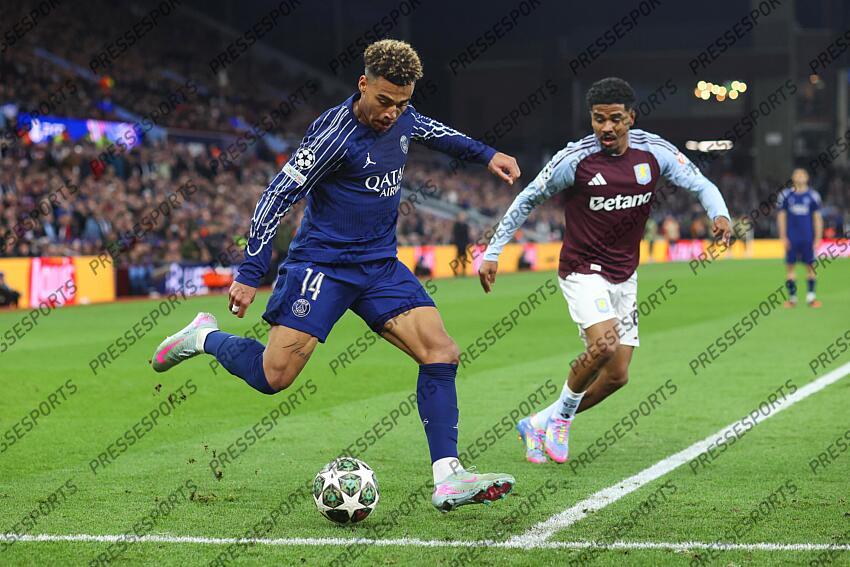 15 April 2025, Aston - Champions League Football, Quarter-Final, Second Leg - Aston Villa v Paris Saint-Germain - Desire Doue of PSG - Photo: Charlotte Wilson / Offside. ASTON VILLA-PSG (3-2) 