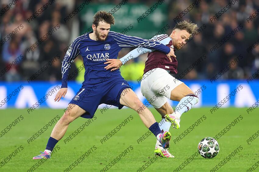 15 April 2025, Aston - Champions League Football, Quarter-Final, Second Leg - Aston Villa v Paris Saint-Germain - Khvicha Kvaratskhelia of PSG and Matty Cash of Aston Villa - Photo: Charlotte Wilson / Offside. ASTON VILLA-PSG (3-2) 