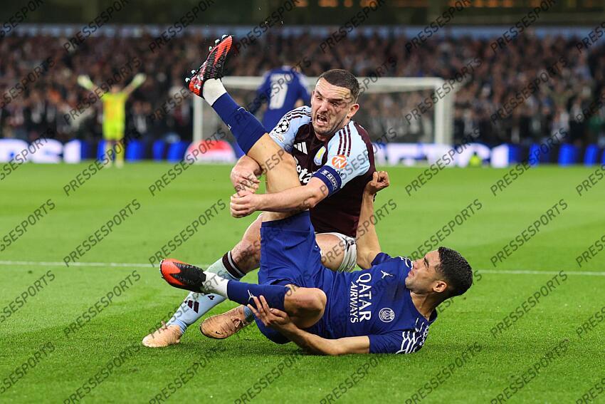 15 April 2025, Aston - Champions League Football, Quarter-Final, Second Leg - Aston Villa v Paris Saint-Germain - John McGinn of Aston Villa and Achraf Hakimi of PSG - Photo: Charlotte Wilson / Offside. ASTON VILLA-PSG (3-2) 