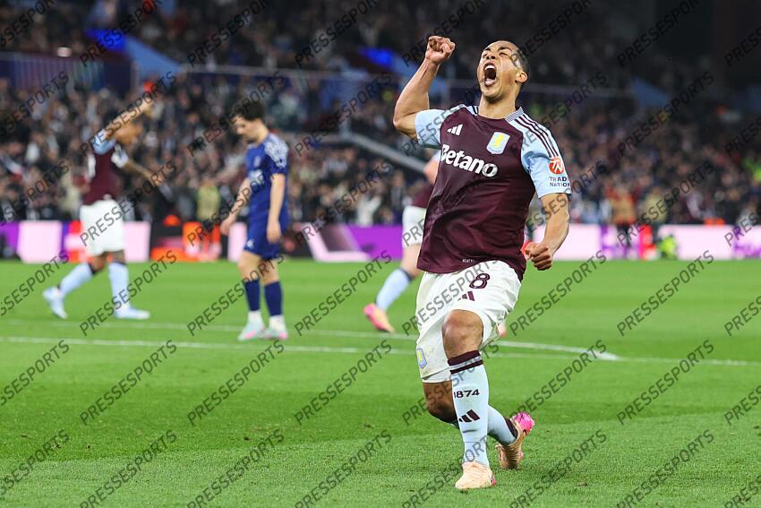 15 April 2025, Aston - Champions League Football, Quarter-Final, Second Leg - Aston Villa v Paris Saint-Germain - Youri Tielemans of Aston Villa celebrates their first goal - Photo: Charlotte Wilson / Offside. ASTON VILLA-PSG (3-2) 