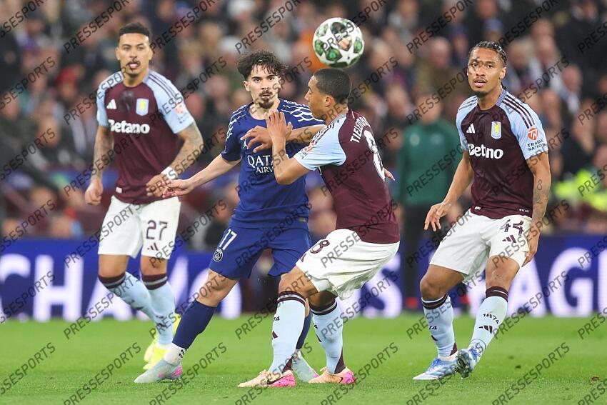 15 April 2025, Aston - Champions League Football, Quarter-Final, Second Leg - Aston Villa v Paris Saint-Germain - Vitinha of PSG and Youri Tielemans of Aston Villa - Photo: Charlotte Wilson / Offside. ASTON VILLA-PSG (3-2) 
