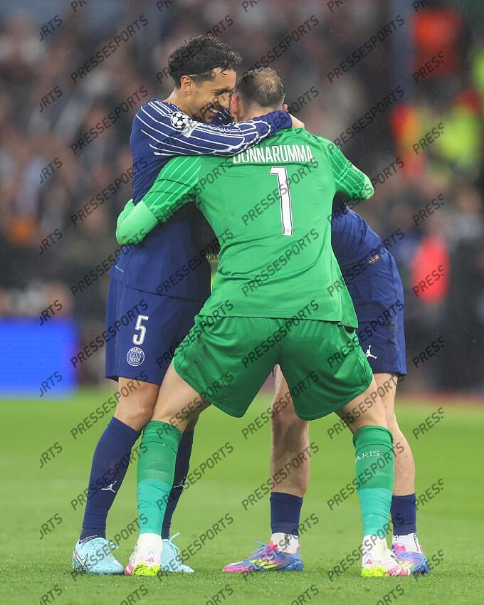 15 April 2025, Aston - Champions League Football, Quarter-Final, Second Leg - Aston Villa v Paris Saint-Germain - Marquinhos of PSG and PSG goalkeeper Gianluigi Donnarumma celebrate - Photo: Charlotte Wilson / Offside. ASTON VILLA-PSG (3-2) 