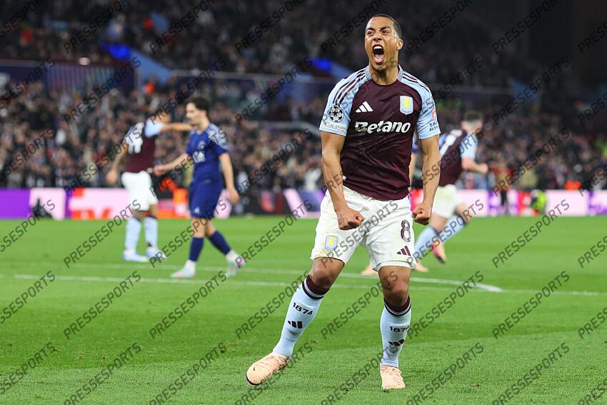 15 April 2025, Aston - Champions League Football, Quarter-Final, Second Leg - Aston Villa v Paris Saint-Germain - Youri Tielemans of Aston Villa celebrates their first goal - Photo: Charlotte Wilson / Offside. ASTON VILLA-PSG (3-2) 