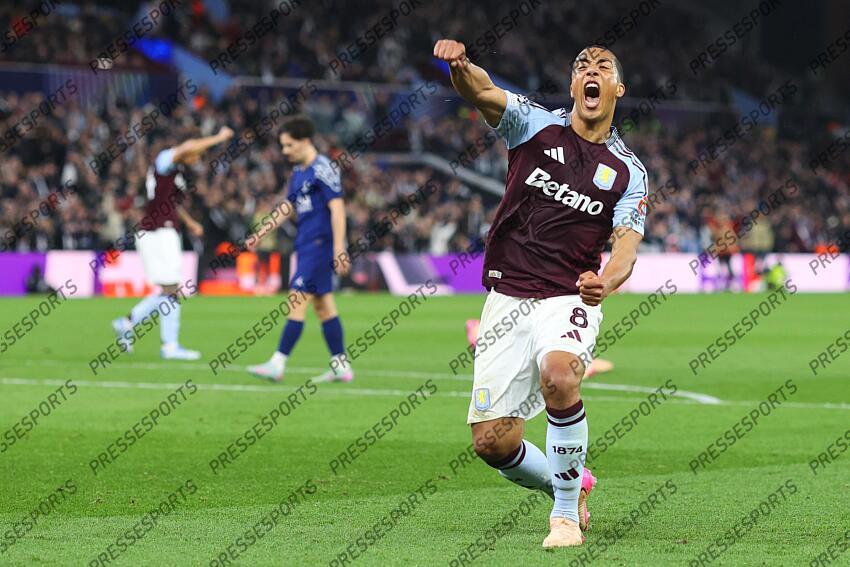 15 April 2025, Aston - Champions League Football, Quarter-Final, Second Leg - Aston Villa v Paris Saint-Germain - Youri Tielemans of Aston Villa celebrates their first goal - Photo: Charlotte Wilson / Offside. ASTON VILLA-PSG (3-2) 