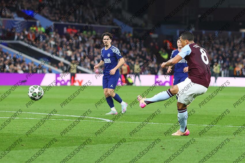 15 April 2025, Aston - Champions League Football, Quarter-Final, Second Leg - Aston Villa v Paris Saint-Germain - Youri Tielemans of Aston Villa scores their first goal - Photo: Charlotte Wilson / Offside. ASTON VILLA-PSG (3-2) 