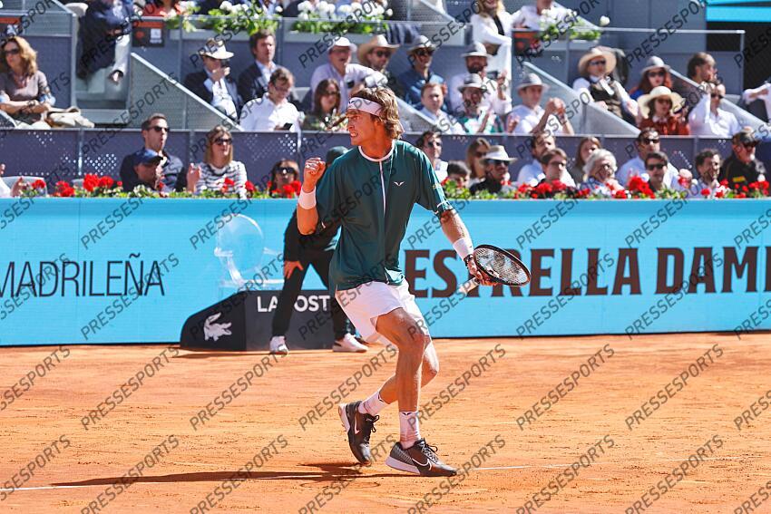 Andrey Rublev (RUS), MAY 3, 2024 - Tennis : Andrey Rublev celebrate after point during singles Semi finals match against Taylor Fritz on the ATP tour Masters 1000 "Mutua Madrid Open tennis tournament" at the Caja Magica in Madrid, Spain. (Photo by Mutsu Kawamori/AFLO) MUTUA MADRID OPEN 