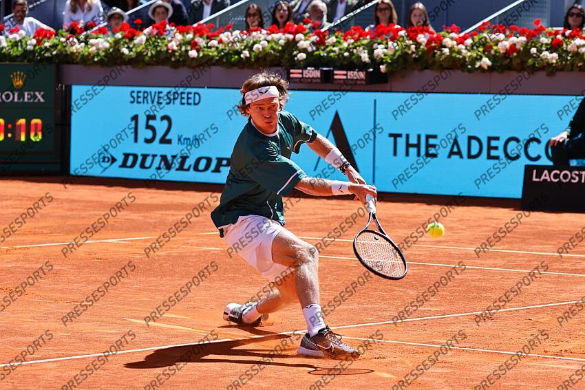 Andrey Rublev (RUS), MAY 3, 2024 - Tennis : Andrey Rublev during singles Semi finals match against Taylor Fritz on the ATP tour Masters 1000 "Mutua Madrid Open tennis tournament" at the Caja Magica in Madrid, Spain. (Photo by Mutsu Kawamori/AFLO) MUTUA MADRID OPEN 