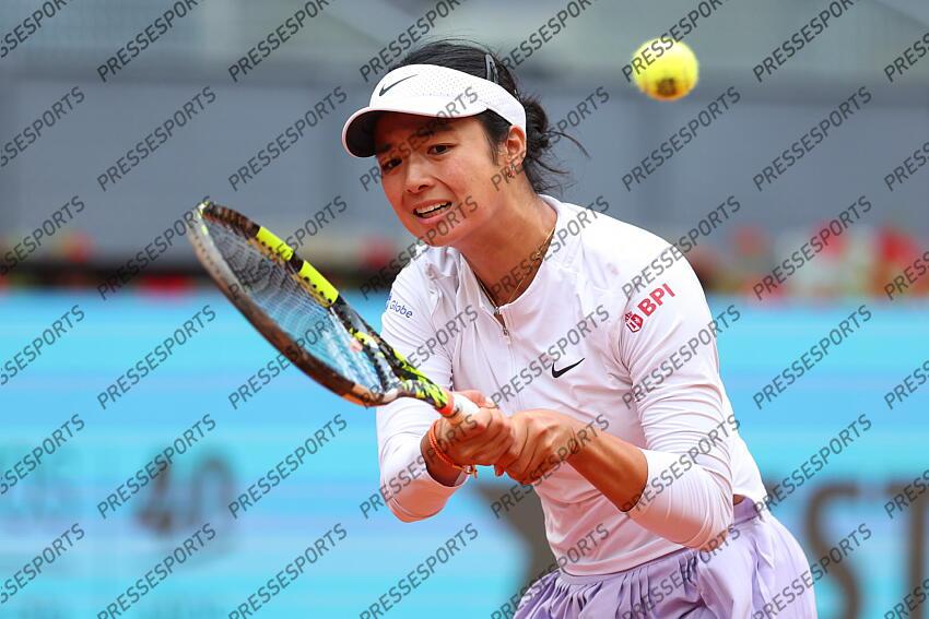 Alexandra Eala of Philippines in action against Viktoriya Tomova of Bulgaria during the Mutua Madrid Open 2025, ATP Masters 1000 and WTA 1000, tennis tournament celebrated at Caja Magica on April 22, 2025 in Madrid, Spain. OPEN DE MADRID 