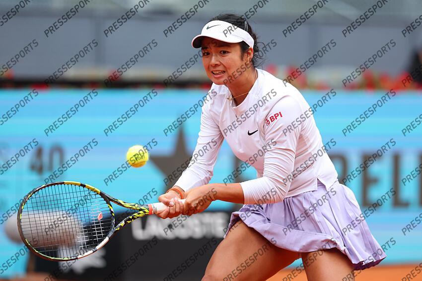 Alexandra Eala of Philippines in action against Viktoriya Tomova of Bulgaria during the Mutua Madrid Open 2025, ATP Masters 1000 and WTA 1000, tennis tournament celebrated at Caja Magica on April 22, 2025 in Madrid, Spain. OPEN DE MADRID 