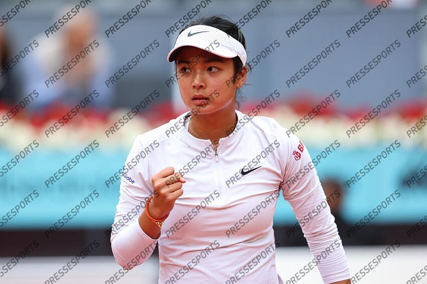 Alexandra Eala of Philippines celebrates a point against Viktoriya Tomova of Bulgaria during the Mutua Madrid Open 2025, ATP Masters 1000 and WTA 1000, tennis tournament celebrated at Caja Magica on April 22, 2025 in Madrid, Spain. OPEN DE MADRID 