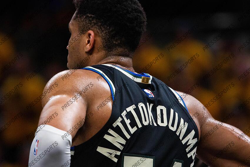 Apr 29, 2025; Indianapolis, Indiana, USA; Milwaukee Bucks forward Giannis Antetokounmpo (34) during game five of the first round for the 2024 NBA Playoffs against the Indiana Pacers at Gainbridge Fieldhouse. Mandatory Credit: Trevor Ruszkowski-Imagn Images NBA: Playoffs-Milwaukee Bucks at Indiana Pacers 