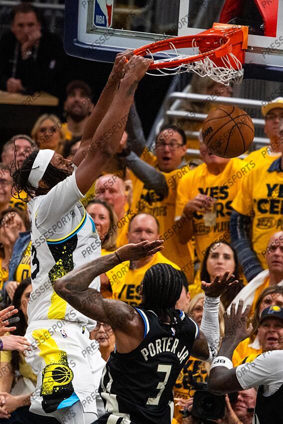 Apr 29, 2025; Indianapolis, Indiana, USA; Indiana Pacers center Myles Turner (33) shoots the ball while Milwaukee Bucks guard Kevin Porter Jr. (3) defends during game five of the first round for the 2024 NBA Playoffs at Gainbridge Fieldhouse. Mandatory Credit: Trevor Ruszkowski-Imagn Images NBA: Playoffs-Milwaukee Bucks at Indiana Pacers 
