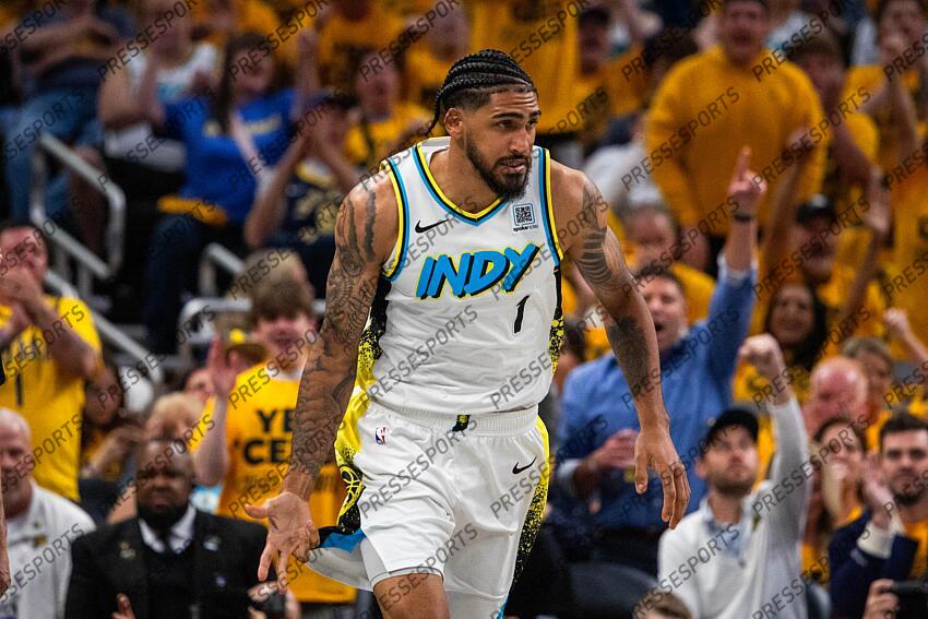 Apr 29, 2025; Indianapolis, Indiana, USA; Indiana Pacers forward Obi Toppin (1) celebrates a made basket during game five of the first round for the 2024 NBA Playoffs against the Milwaukee Bucks at Gainbridge Fieldhouse. Mandatory Credit: Trevor Ruszkowski-Imagn Images NBA: Playoffs-Milwaukee Bucks at Indiana Pacers 