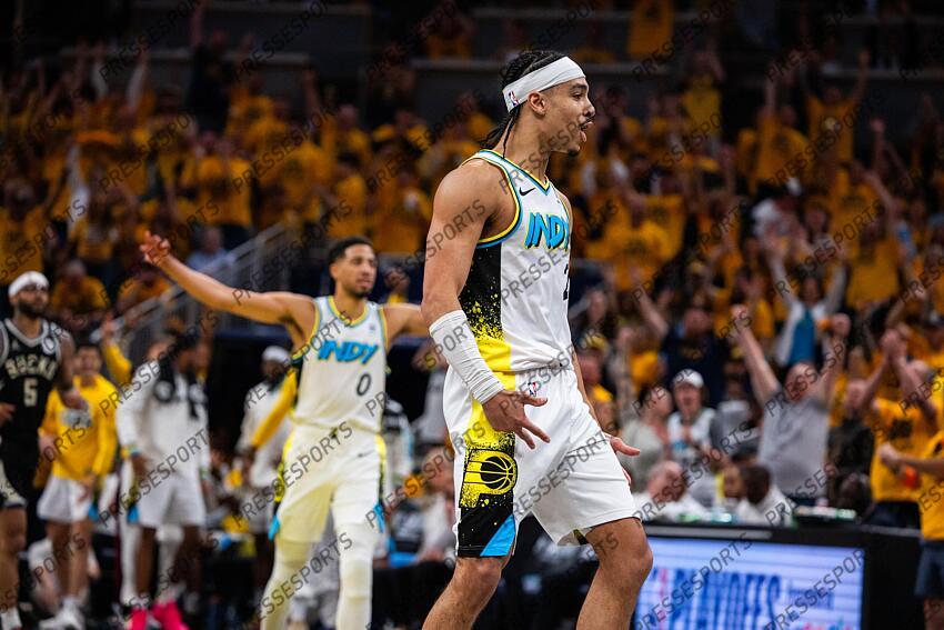 Apr 29, 2025; Indianapolis, Indiana, USA; Indiana Pacers guard Andrew Nembhard (2) celebrates a made basket during game five of the first round for the 2024 NBA Playoffs against the Milwaukee Bucks at Gainbridge Fieldhouse. Mandatory Credit: Trevor Ruszkowski-Imagn Images NBA: Playoffs-Milwaukee Bucks at Indiana Pacers 