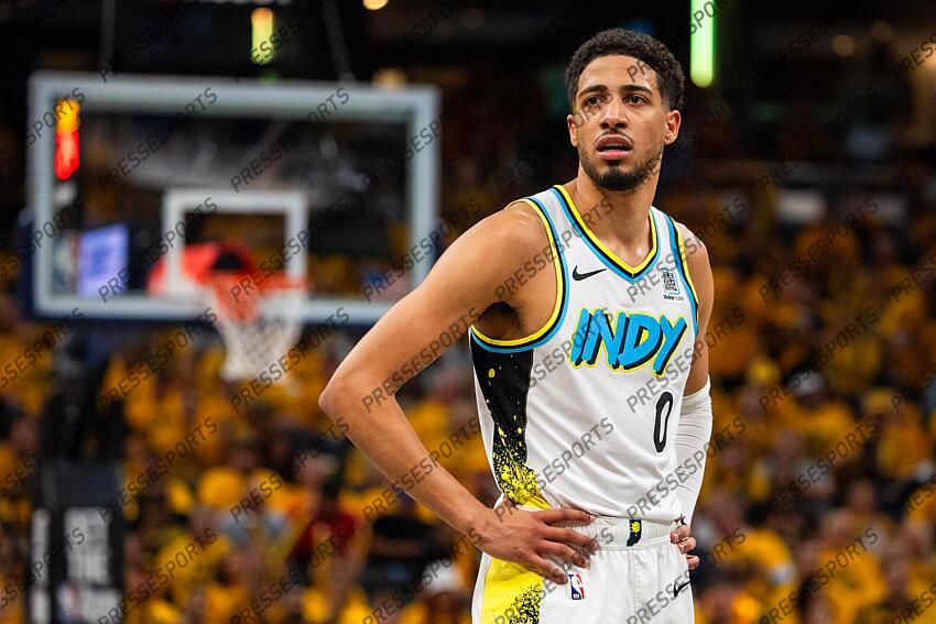 Apr 29, 2025; Indianapolis, Indiana, USA; Indiana Pacers guard Tyrese Haliburton (0) during game five of the first round for the 2024 NBA Playoffs against the Milwaukee Bucks at Gainbridge Fieldhouse. Mandatory Credit: Trevor Ruszkowski-Imagn Images NBA: Playoffs-Milwaukee Bucks at Indiana Pacers 