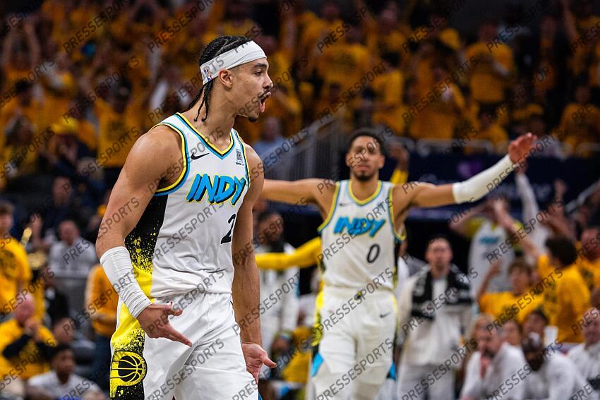 Apr 29, 2025; Indianapolis, Indiana, USA; Indiana Pacers guard Andrew Nembhard (2) celebrates a made basket during game five of the first round for the 2024 NBA Playoffs against the Milwaukee Bucks at Gainbridge Fieldhouse. Mandatory Credit: Trevor Ruszkowski-Imagn Images NBA: Playoffs-Milwaukee Bucks at Indiana Pacers 