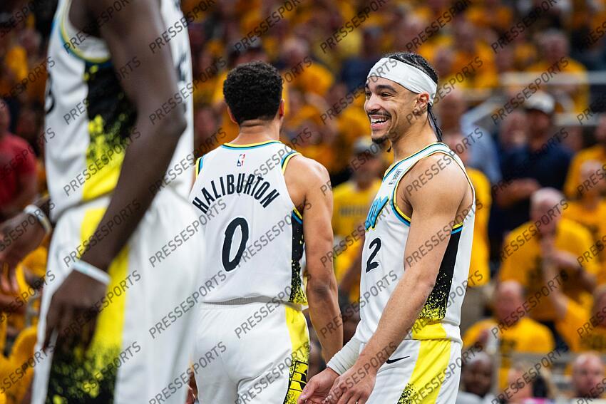 Apr 29, 2025; Indianapolis, Indiana, USA; Indiana Pacers guard Andrew Nembhard (2) celebrates a made basket during game five of the first round for the 2024 NBA Playoffs against the Milwaukee Bucks at Gainbridge Fieldhouse. Mandatory Credit: Trevor Ruszkowski-Imagn Images NBA: Playoffs-Milwaukee Bucks at Indiana Pacers 