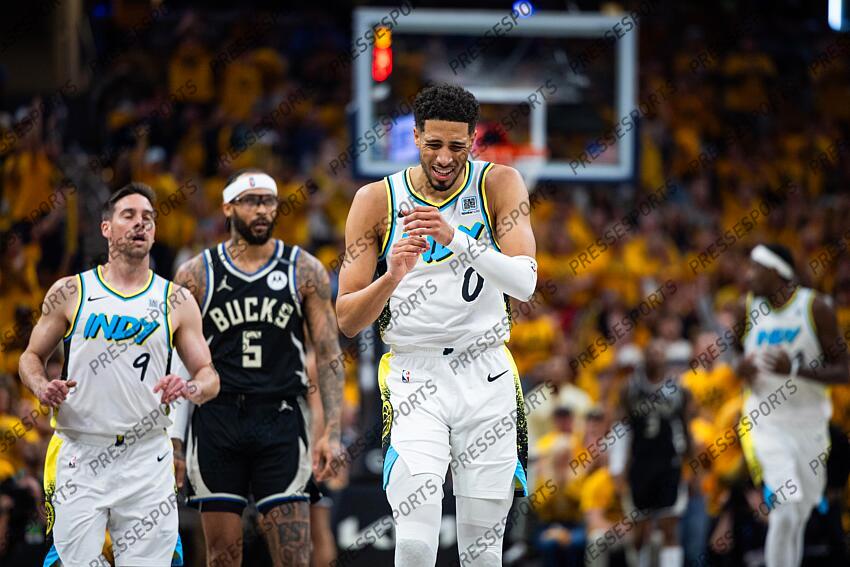 Apr 29, 2025; Indianapolis, Indiana, USA; Indiana Pacers guard Tyrese Haliburton (0) reacts to a missed shot during game five of the first round for the 2024 NBA Playoffs against the Milwaukee Bucks at Gainbridge Fieldhouse. Mandatory Credit: Trevor Ruszkowski-Imagn Images NBA: Playoffs-Milwaukee Bucks at Indiana Pacers 