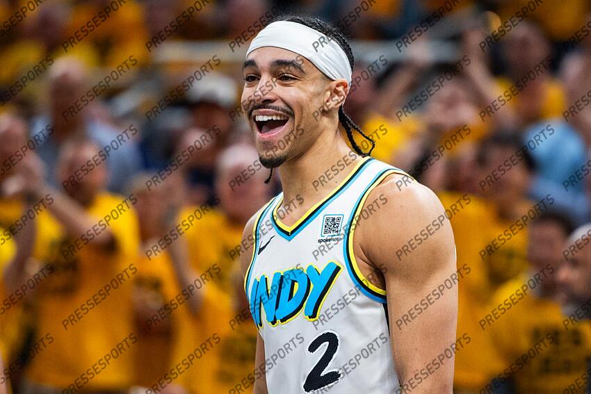 Apr 29, 2025; Indianapolis, Indiana, USA; Indiana Pacers guard Andrew Nembhard (2) celebrates a made basket during game five of the first round for the 2024 NBA Playoffs against the Milwaukee Bucks at Gainbridge Fieldhouse. Mandatory Credit: Trevor Ruszkowski-Imagn Images NBA: Playoffs-Milwaukee Bucks at Indiana Pacers 
