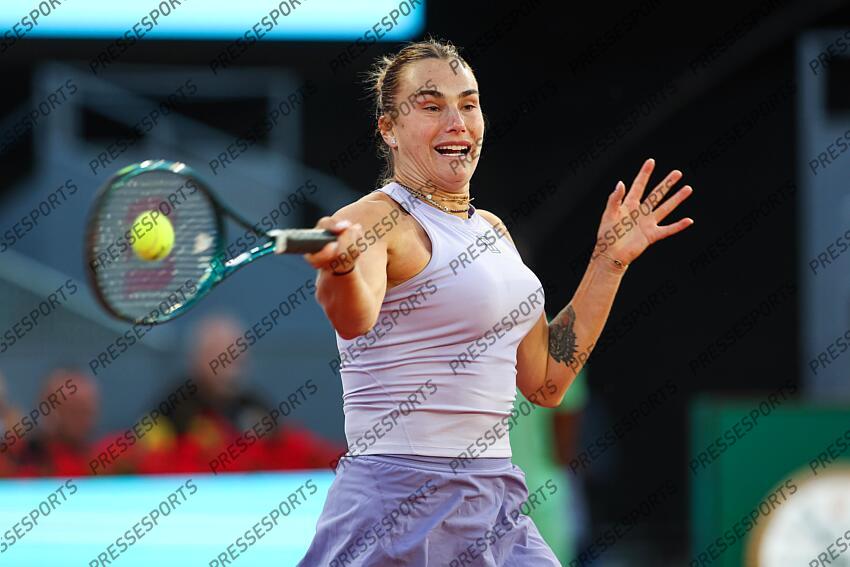 Aryna Sabalenka of Belarus in action against Peyton Stearns of USA during the Mutua Madrid Open 2025, ATP Masters 1000 and WTA 1000 tennis tournament, celebrated at Caja Magica on April 29, 2025 in Madrid, Spain. Mutua Madrid Open 2025 - Day 9 