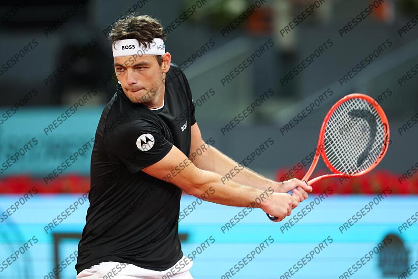 Taylor Fritz of USA in action against Casper Ruud of Norway during the Mutua Madrid Open 2025, ATP Masters 1000 and WTA 1000 tennis tournament, celebrated at Caja Magica on April 29, 2025 in Madrid, Spain. Mutua Madrid Open 2025 - Day 9 