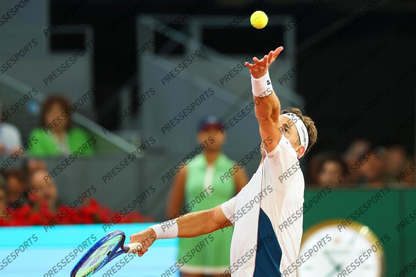 Casper Ruud of Norway in action against Taylor Fritz of USA during the Mutua Madrid Open 2025, ATP Masters 1000 and WTA 1000 tennis tournament, celebrated at Caja Magica on April 29, 2025 in Madrid, Spain. Mutua Madrid Open 2025 - Day 9 