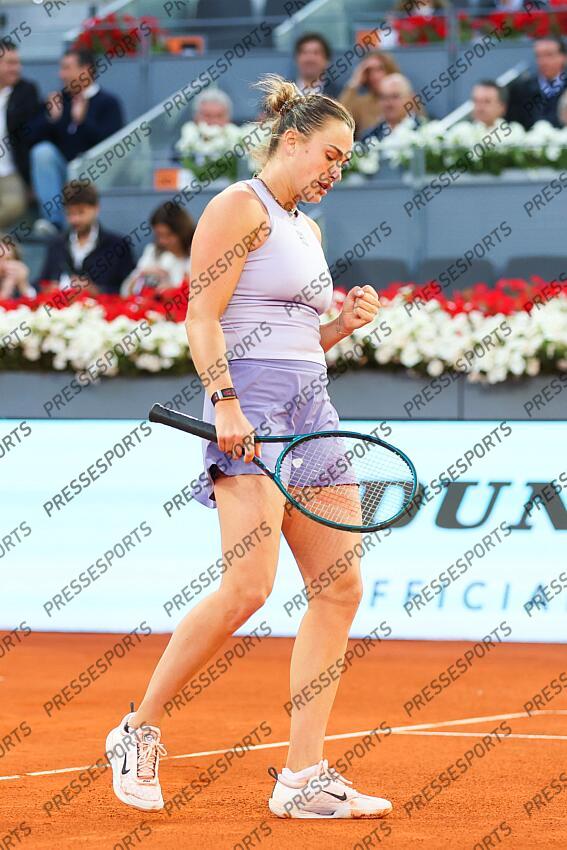 Aryna Sabalenka of Belarus celebrates a point against Peyton Stearns of USA during the Mutua Madrid Open 2025, ATP Masters 1000 and WTA 1000 tennis tournament, celebrated at Caja Magica on April 29, 2025 in Madrid, Spain. Mutua Madrid Open 2025 - Day 9 