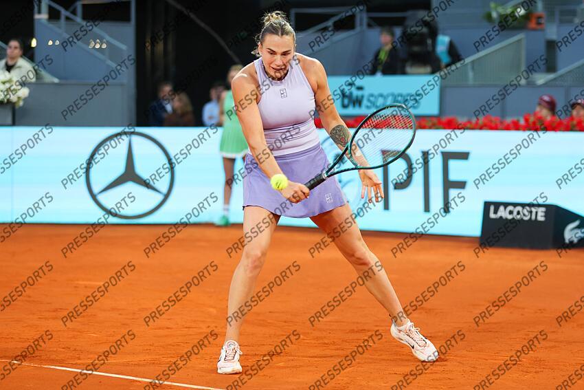 Aryna Sabalenka of Belarus in action against Peyton Stearns of USA during the Mutua Madrid Open 2025, ATP Masters 1000 and WTA 1000 tennis tournament, celebrated at Caja Magica on April 29, 2025 in Madrid, Spain. Mutua Madrid Open 2025 - Day 9 