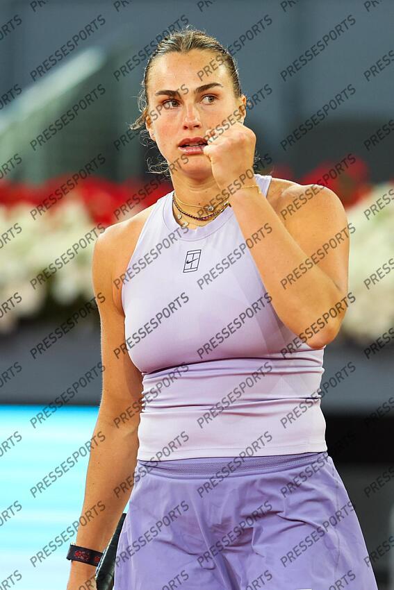 Aryna Sabalenka of Belarus celebrates a point against Peyton Stearns of USA during the Mutua Madrid Open 2025, ATP Masters 1000 and WTA 1000 tennis tournament, celebrated at Caja Magica on April 29, 2025 in Madrid, Spain. Mutua Madrid Open 2025 - Day 9 