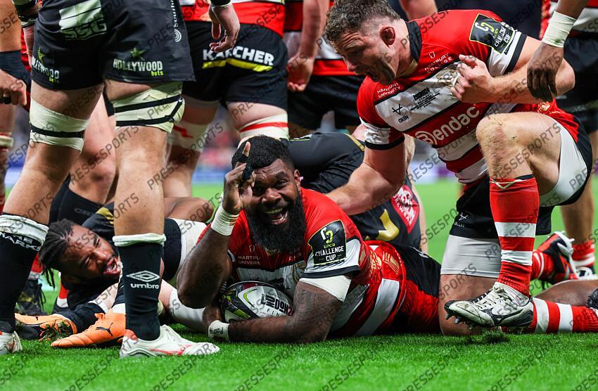 European Rugby Challenge Cup Final, Tottenham Hotspur Stadium, London, England 24/5/2024 Gloucester Rugby vs Hollywoodbets Sharks Gloucester’s Albert Tuisue scores a try Mandatory Credit ©INPHO/Billy Stickland GLOUCESTER-SHARKS (22-36) 