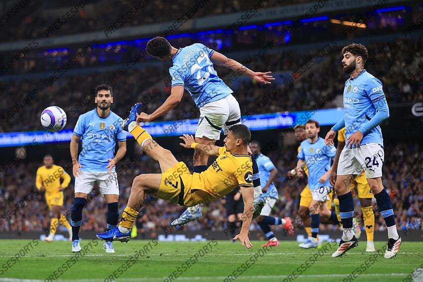 2nd May 2025 - Premier League - Manchester City v Wolverhampton Wanderers - Matheus Nunes of Manchester City battles with Andre of Wolverhampton Wanderers - Photo: Simon Stacpoole / Offside. MANCHESTER CITY-WOLVERHAMPTON WANDERERS (1-0) 