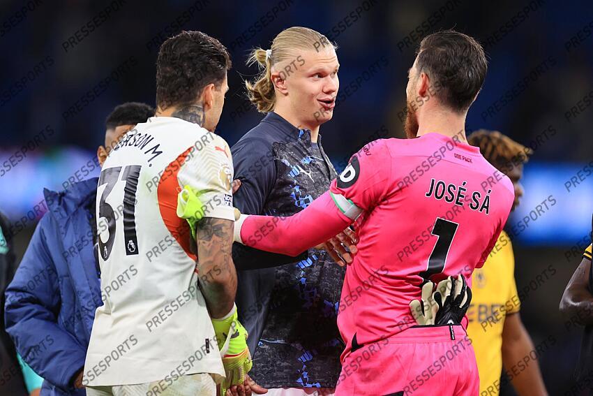 2nd May 2025 - Premier League - Manchester City v Wolverhampton Wanderers - Erling Haaland of Manchester City jokes with Manchester City goalkeeper Ederson (L) and Wolverhampton Wanderers goalkeeper Jose Sa after the match - Photo: Simon Stacpoole / Offside. MANCHESTER CITY-WOLVERHAMPTON WANDERERS (1-0) 
